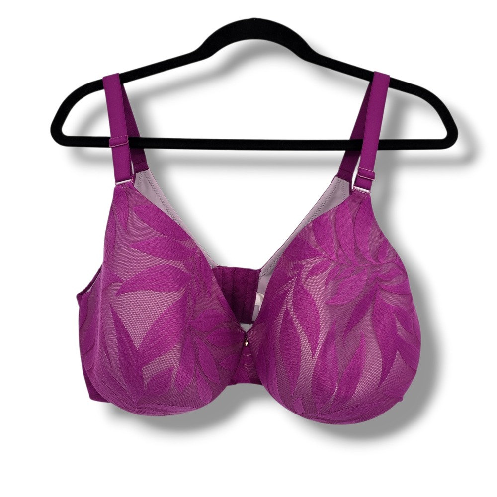 Cacique Backsmoother Bra 38F Purple Lace Lightly Lined Full Coverage Underwire